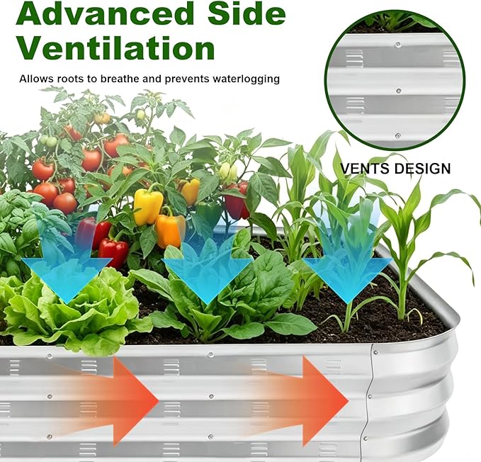 Galvanized Raised Garden Bed Kit with 4 Internal Braces, 67x36x10in Large Metal Planter Raised Beds Outdoor, 0.8mm Thick Steel Outdoor Galvanized Planter with Vents, Silver (2PCS)
