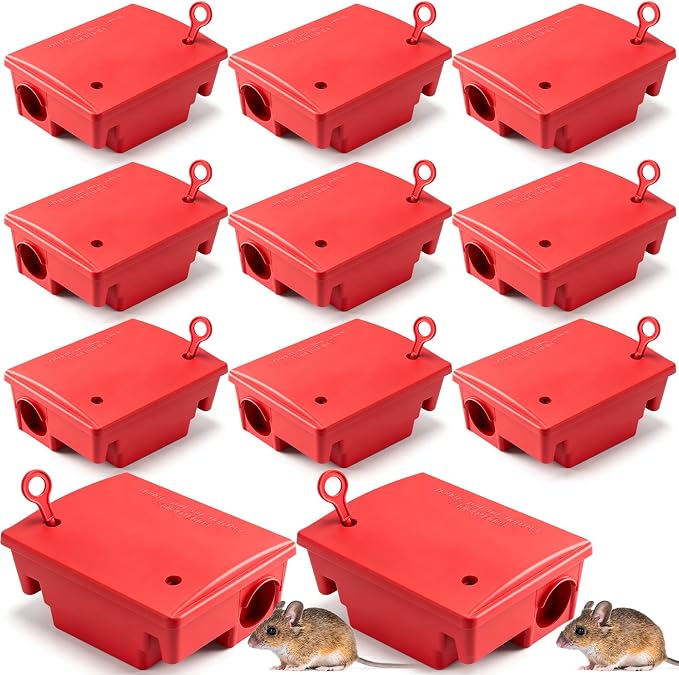 Qualirey 12 Packs Rat Bait Station Box Outdoor Rodent Rat Traps with Key Mouse Bait Station Indoor Mice Box for Outdoor Use Keeping Pets and Children Safe (Red)