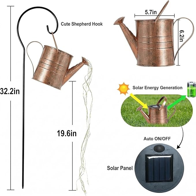 Solar Watering Can Fairy Lights Outdoor Decor Fountain String Art Decorations for Garden Yard Patio Backyard, Waterproof Metal Landscape Path Ornament, Unique Mom Gift