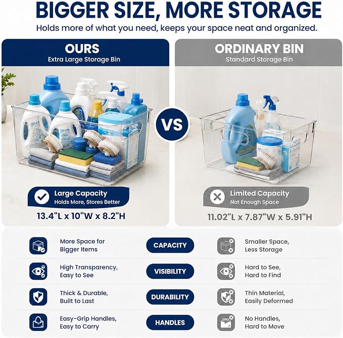MOONEDGE 6 Pack X-Large Clear Organizer Bins 13x10x8in Storage Containers