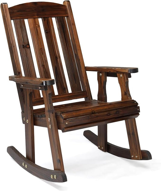 VINGLI Outdoor Rocking Chair, Heavy Duty 600 LBS Wooden Rocking Bench with Comfortable Backrest, Weatherproof Patio Rocker with Ergonomic Design, Wood Rocking Chair for Patio, Garden (Rustic, 1PC)