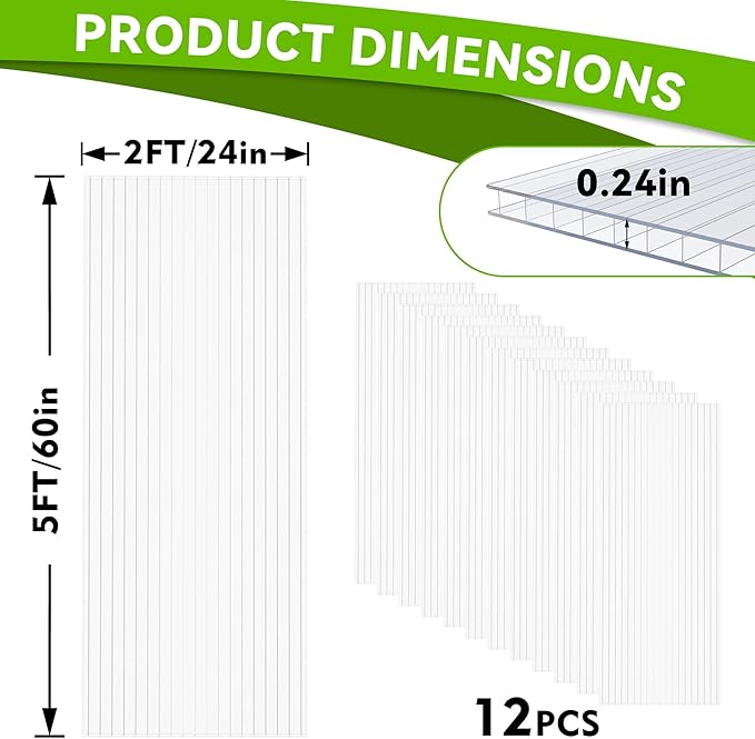 12 Pcs Polycarbonate Greenhouse Panels, 5’ x 2’ x 0.24” Polycarbonate Sheet, Twin-Wall Plastic Panels for DIY Cold Frame & Pergola Roof, Window, Wall