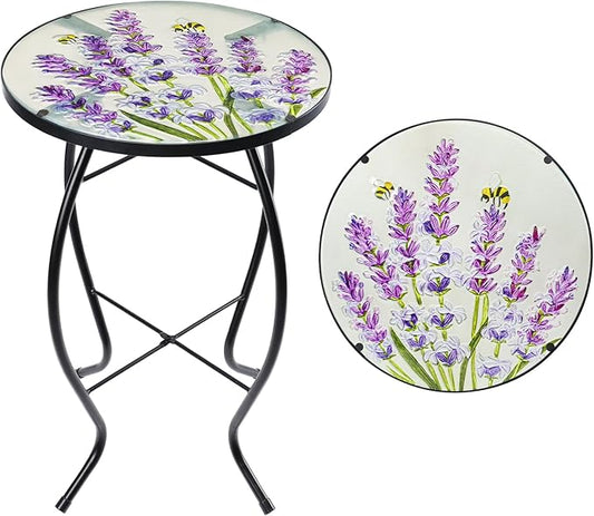 MUMTOP Outdoor End Tables for Patio, Lavender Small Round Side Table, Glass Accent Table for Outside, Garden, Balcony, Porch, Indoor Home Decor
