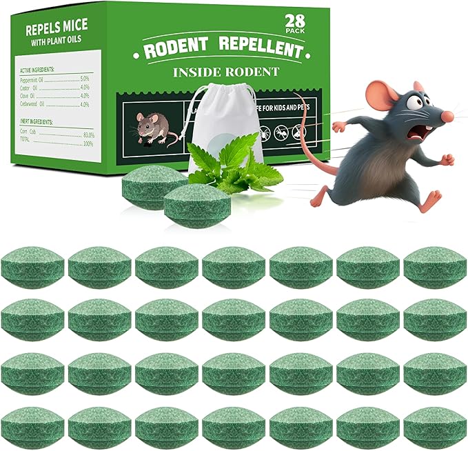28-Pack Mouse Repellent, Long-Lasting Rodent Protection for Indoor and Outdoor Spaces, Safe for Kitchens, Gardens, RVs, and Family Areas