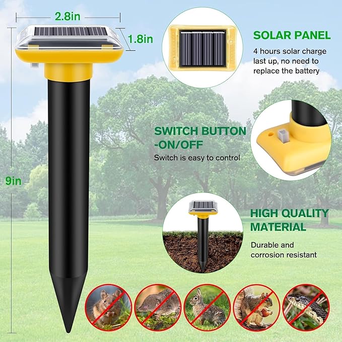 Ultrasonic Mole Repellent Outdoor, 6 Pack Gopher Repellent Solar-Powered for Lawn Yard and Garden, Waterproof Mole Killer Traps, Effectively Repels Gopher Vole Groundhog Snake, Yellow
