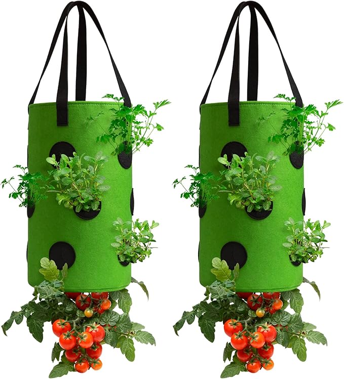 Homyhoo 2 Pack Green Upside Down Tomato & Herb Planter, Outdoor Hanging Durable Aeration Fabric Strawberry Planter Bags