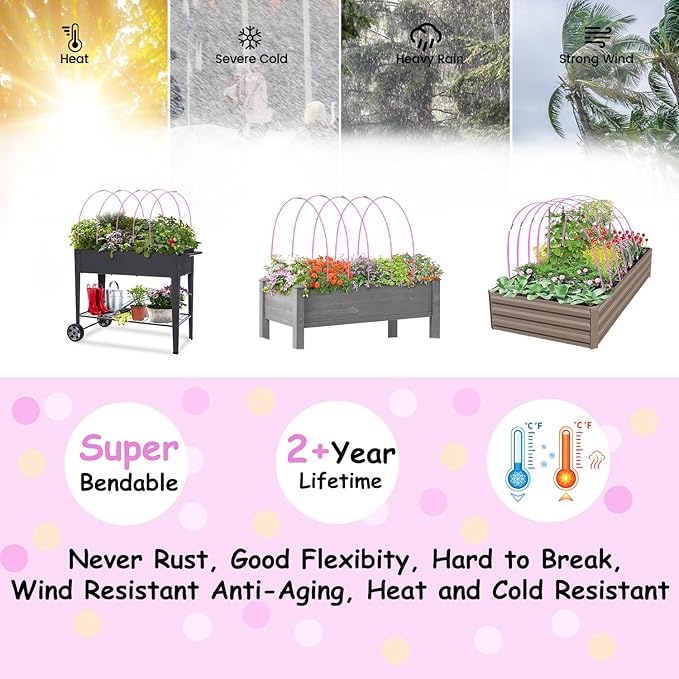 Garden Hoops 60pcs, Sunwuk Greenhouse Hoops for 1-3.5ft Wide Raised Bed, 15 Sets of 5.6ft Long Super Bendable Fiberglass Rods, Raised Planter Box Kit and Mini Greenhouse for Row Cover (S Size)