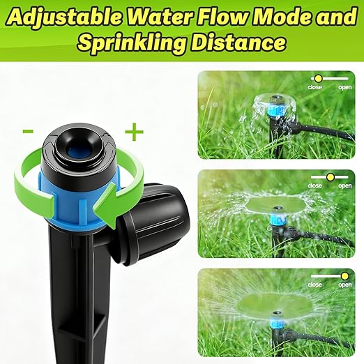 26pcs Drip Emitters Fan Shape with Stake for 1/4" Irrigation Tubing, Adjustable 360 Degree Water Flow Irrigation Vortex Sprayer On 5" Stake Garden Irrigation Dripper for Watering System