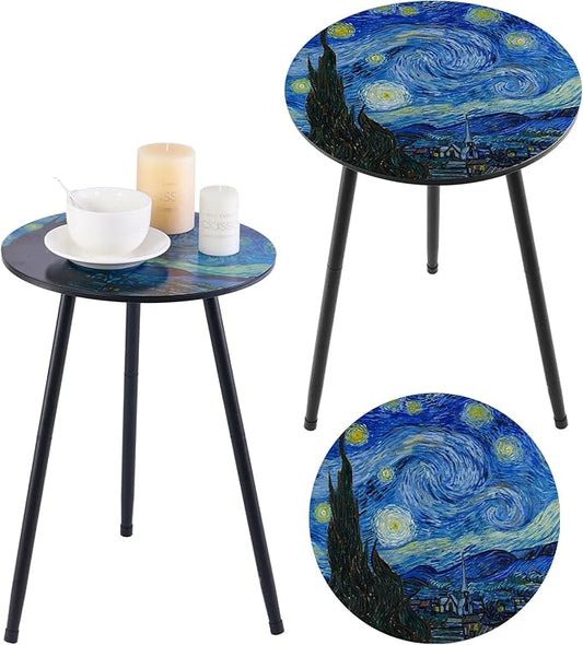 Outdoor Side Table Set of 2 Patio Side Tables for Outside Black End Tables Small Outdoor Table Round Patio End Table Metal Side Table Outside, Indoor, Bedroom, Living Room, Small Spaces, Starry Sky