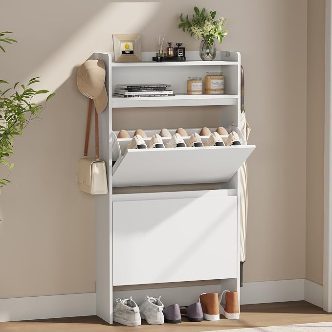 Slim Shoe Cabinet with 2 Flip Drawers & Open Storage, 23.6" W White