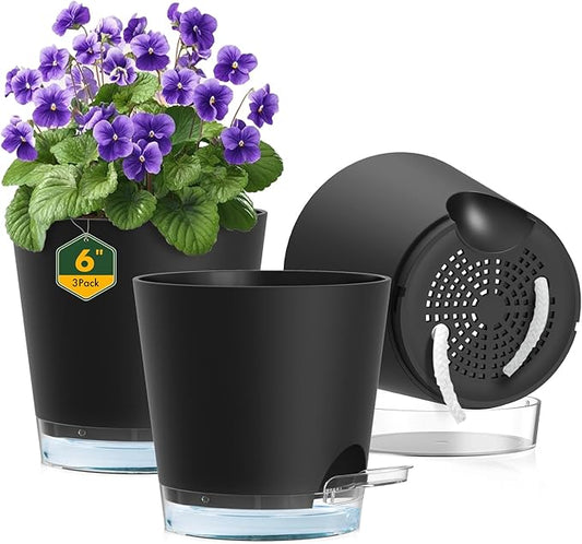 Meowell 6 inch Self Watering Pots for Indoor Outdoor Plants, 3 Pack Flower Plant Pots with Drainage Holes and Clear Reservoirs, Visible Water Level, Plastic Planters with Wicking Rope, Black