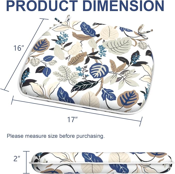 Outdoor Chair Cushions Set of 2, Water Resistant Patio Chair Pads with Ties, Seat Cushions for Home Garden Furniture Decoration, 16"x17", Breeze Leaves Beige