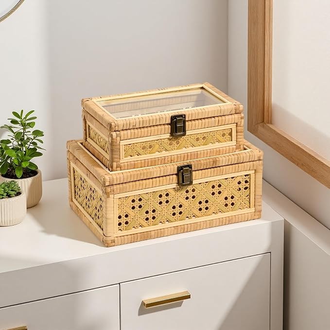 Decorative Rattan Box Handmade Boho Natural Wicker Woven Basket | with Clear Glass Lid Wooden Frame, Keepsake Jewelry Organizer, Rectangular Desk Cane Boxes, Closet Shelf Storage, Large