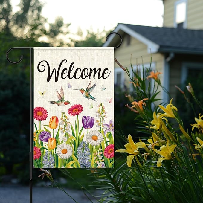 Welcome Flags for Outside,Spring Hummingbird Garden Flag for Yard Patio Lawn Decoration,12x18 Inch Double Sided