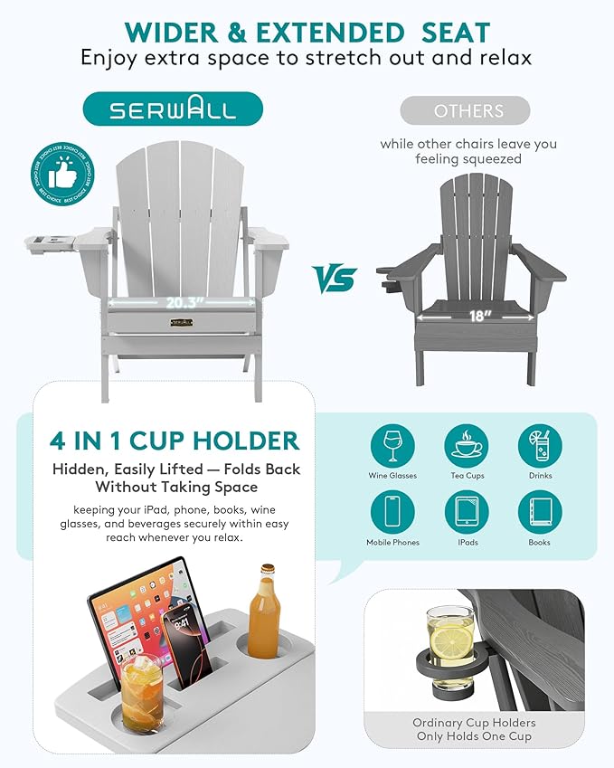 SERWALL Foldable Adirondack Chair Set of 2, HIPS Adirondack Chairs with 4 in 1 Cup Holder, Weather Resistant Fire Pit Chairs for Outdoor, Patio, Garden, Lawn, Backyard - Space Grey