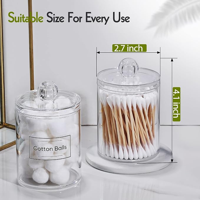 3 Pack Acrylic Qtip Holder Dispenser for Cotton Swabs, Balls, Floss Picks | Thick, Highly Clear, w/ Labels - Small Canister Apothecary Jar Set, Bathroom Decor Essentials, Shelf Vanity Storage Organizer
