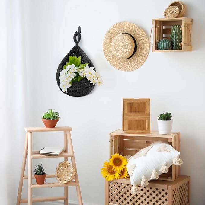 Honeydak 3 Hanging Baskets, Black, Teardrop, Cotton Rope | Wicker Wall Baskets with Hooks for Fruit Vegetable Onion Storage, Teardrop Organizer for Kitchen, Boho Farmhouse Decor