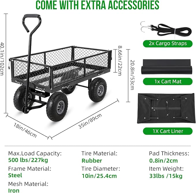 GarveeLife Heavy Duty Steel Garden Cart Folding Utility Wagon with Removable Cart Liner, 500 LBS Capacity