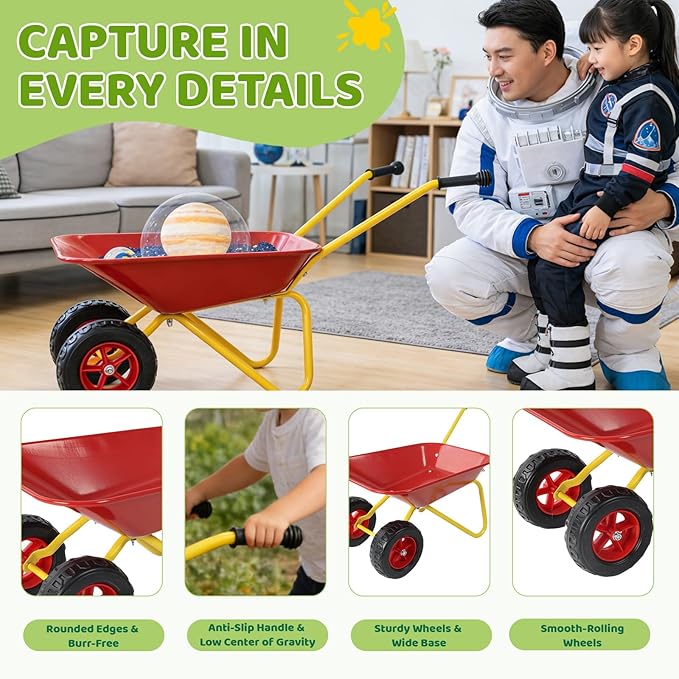 Kids Metal Wheelbarrow with Single Wheel,Children Garden Cart with Steel Tray and Non-Slip Handles, Sturdy Outdoor Yard Toy for Toddlers, Ideal for Sand, Leaves, and Soil (Red-Two-Wheel)