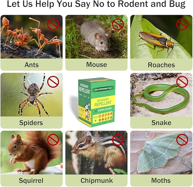 Mouse Repellent Pouches,Rodent Repellent Indoor Outdoor, Natural Peppermint Oil Rodent Deterrent Control for Car Engines Garden Garage RV Storage Kitchen Basement, Safe for Pets & Family(10 Packs)