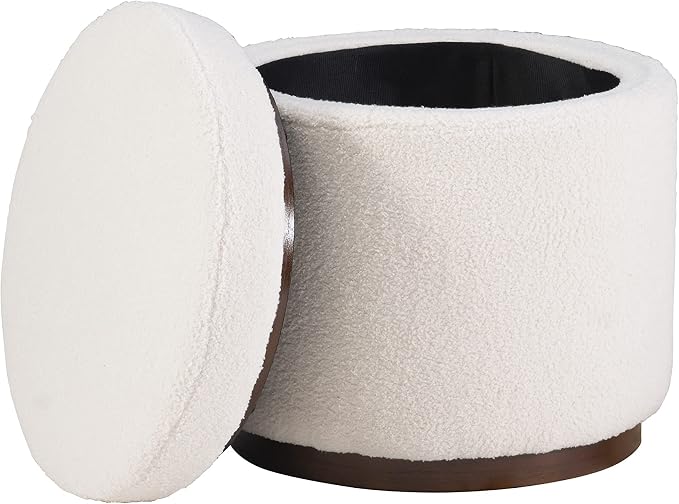 Linon Lexington Natural Sherpa Round Storage Ottoman with Wood Accent