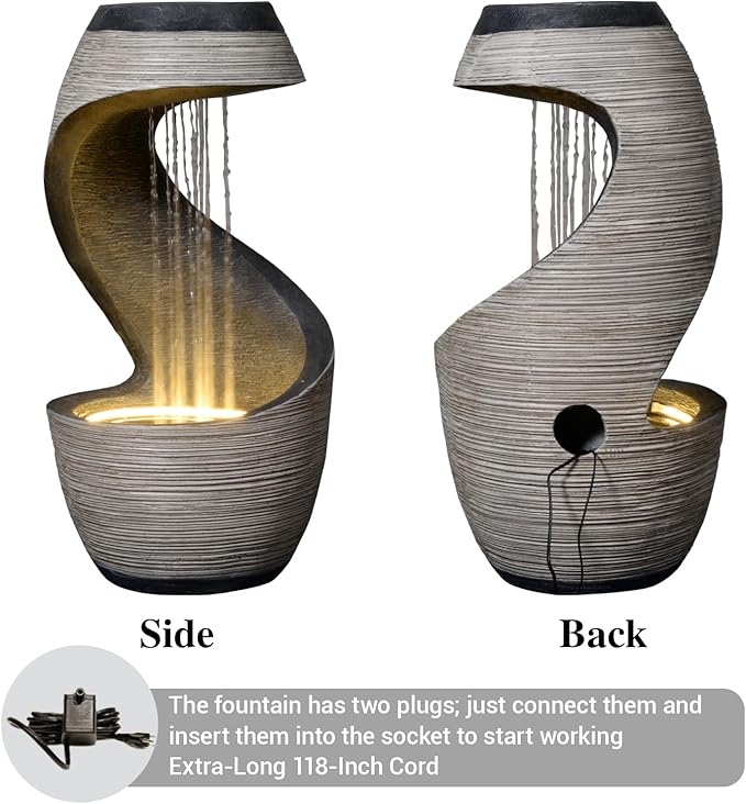 Sunlinua 37" Tall S-Shaped Outdoor Waterfall Fountain – Rainfall Water Fountain for Garden, Patio or Backyard Decor, Floor-Standing Resin Garden Fountains Water Feature with Flat Top for Plant Display