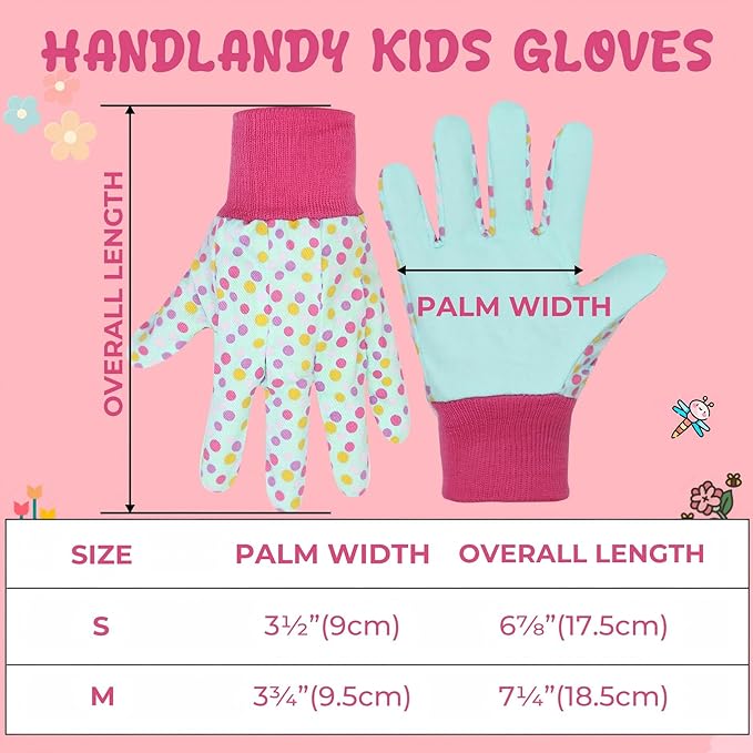 HANDLANDY 4 Pairs Kids Gardening Gloves, Girls Boys Children Garden Work Play Gloves (Pink Dot, Small)
