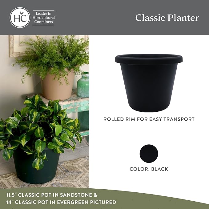 The HC Companies 17 Inch Classic Round Planter Pots with Drainage, Rolled Rim Plastic Planters for Indoor & Outdoor Plants, 2-Pack Decorative Flower Pots for Garden, Office & Home Decor, Black