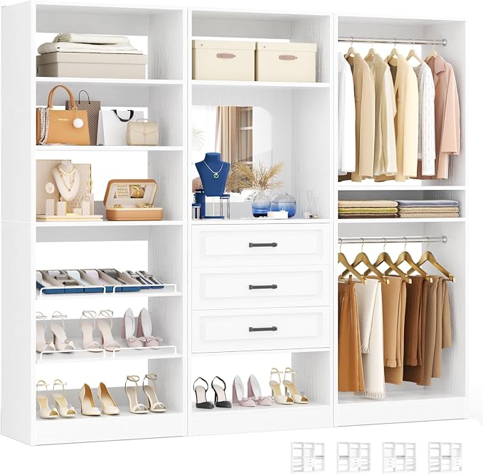 Unikito 75" Modular Closet System with 3 Sets, Mirror & Drawers, White