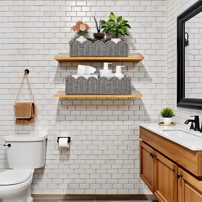 CubesLand Toilet Paper Storage Basket for Over Toilet Tank Storage | Handwoven Scalloped Shelves Basket for Organizing, Home Decor Baskets for Shelf, Countertop, Living Room, Bedroom, Grey