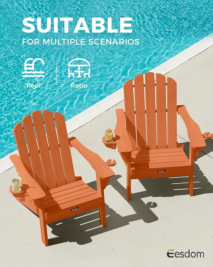 Adirondack Chair, HDPE Material Fire Pit Chairs, Plastic Adirondack Chairs with 2 Cup Holder, Outdoor Lawn Chair for Patio Garden, Orange