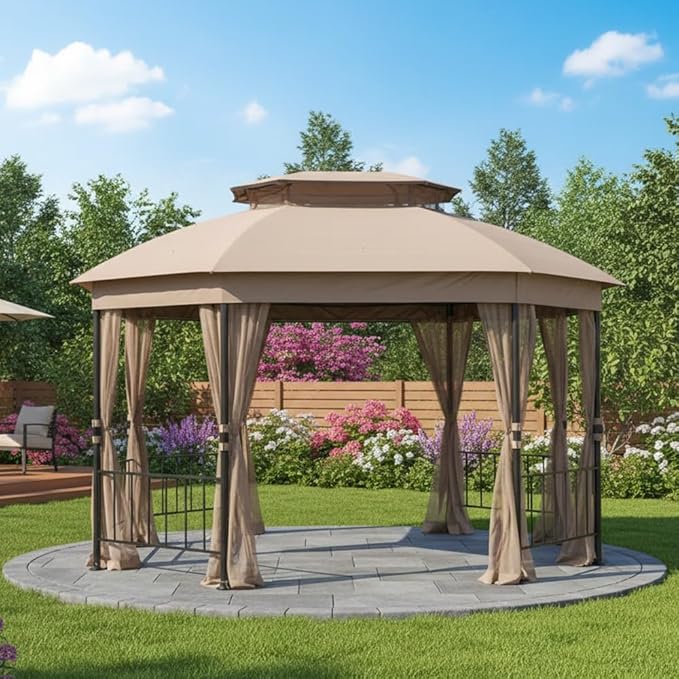 Garden Winds Reinforced RipLock 350 Replacement Canopy Top Cover Compatible with Jefferies 10’ x 12’ Gazebo Model A101013211 - Beige