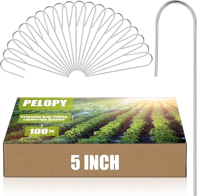 Pelopy 100 Pcs 5/8" Irrigation Drip Tubing Stakes 5 in J-Shaped Landscape Staples Garden Drip Line Stakes Soaker Hose Pins for Lawn Plant Yard Fence Ground Drips Systems, Sliver