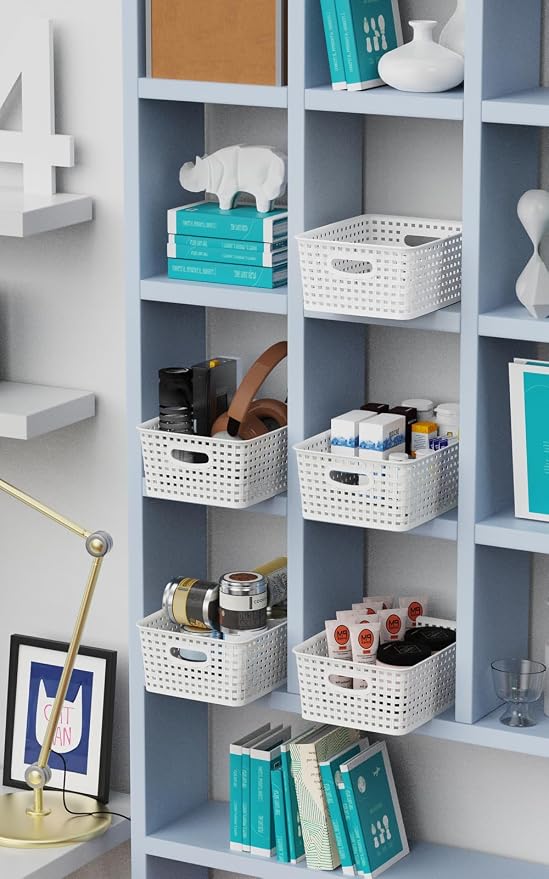 WYT 12-Pack Plastic Small Shelf Storage Weave Baskets for Organizing, White