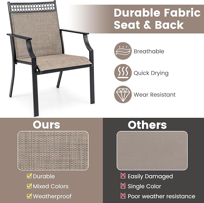 Giantex Patio Chairs Set of 2, Outdoor Chairs with All Weather Fabric, High Backrest, Armrests, Heavy Duty Metal Armchair, Outside Dining Chairs for Porch Lawn Garden Yard Pool (Light Brown & Black)