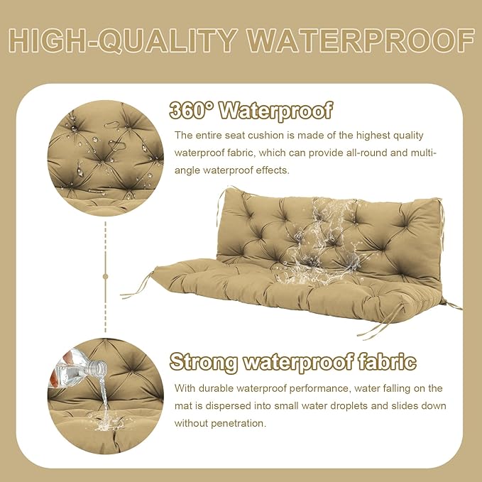 Premium 5" Thick Waterproof Outdoor Swing Cushions Sturdy Durable 2-3 Seat Replacement Porch Swing Cushions with Backrest&Ties Bench Cushion for Outdoor Furniture Backyard Patio(Khaki 48x40)