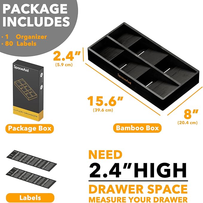 SpaceAid Bamboo Silverware Drawer Organizer with Labels, Kitchen Utensil Tray Holder Organizer for Flatware, Cutlery, Spoon and Knives Drawer Storage Organization (Black, 6 Slots)