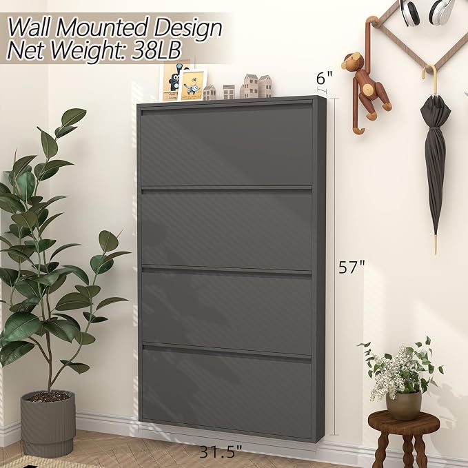 GREATMEET Slim Wall Mounted Metal Storage Cabinet with 4 Flip Drawers