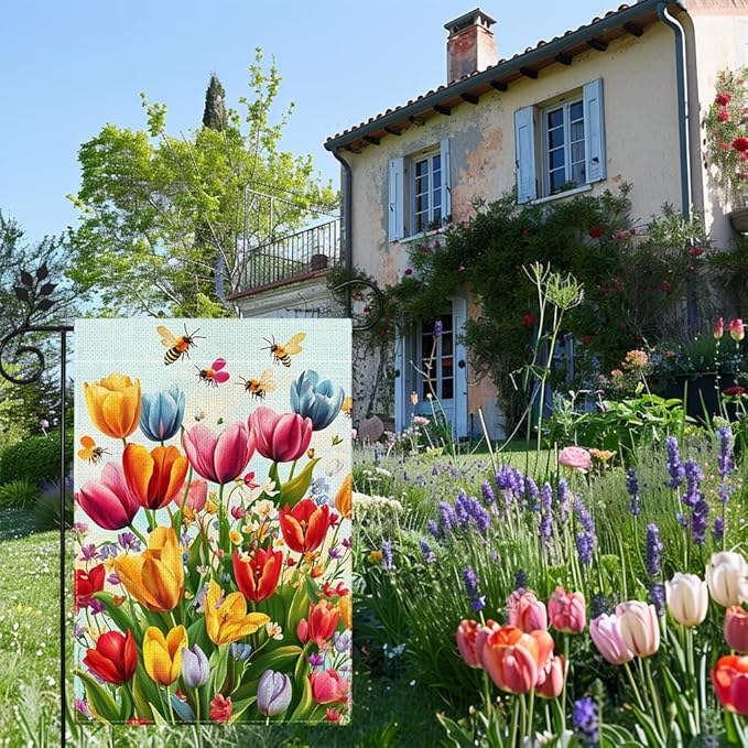 Spring Summer Tulip Garden Flag 12x18 Inch Double Sided, Colorful Welcome Yard Decor, Farmhouse Outdoor Flag for Lawn Patio Porch