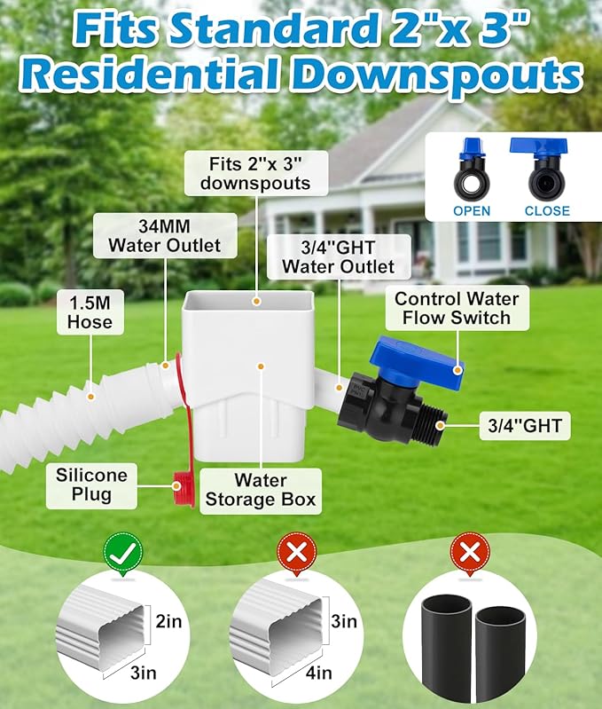 Downspout Diverter, WADEO Rain Barrel Diverter Fits for 2"x 3" Standard Downspout, Rainwater Collection System with Two Water Outlets to Collect Rainwater from Gutter, with 5FT Hose