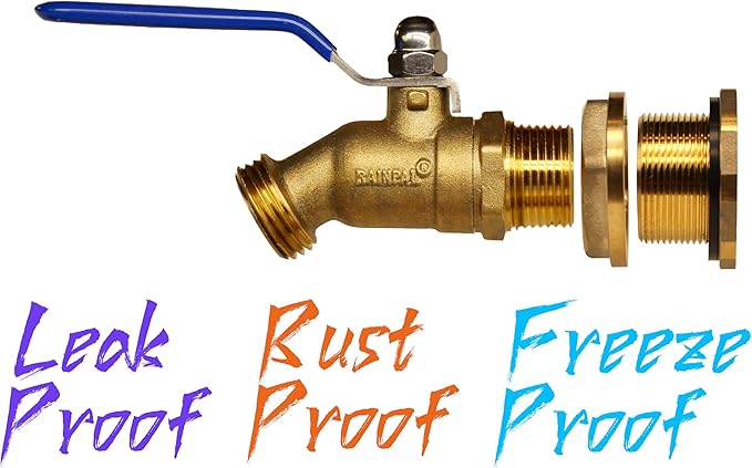 RBS024 Brass Rain Barrel Spigot (LF Compliant 3/4" Quarter Turn Ball Valve w/Bulkhead Fitting and Thread Tape, 7 GPM)