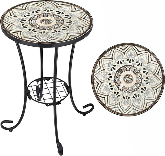VCUTEKA Outdoor Side Table Mosaic Patio Table Accent Tables Mosaic Tile Top Metal Frame Small End Tables Porch Beach Patio Garden Balcony Brown 14''
