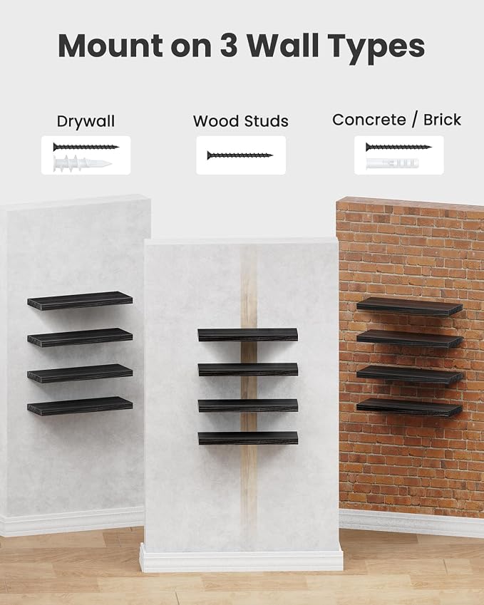 Amada Paulownia Wood Floating Shelves for Wall, Set of 4, Black | Wall Shelves with Solid Metal Concealed Brackets, 22 lbs Capacity per Shelf, Includes Drilling Template, Flexible 4-Piece Set
