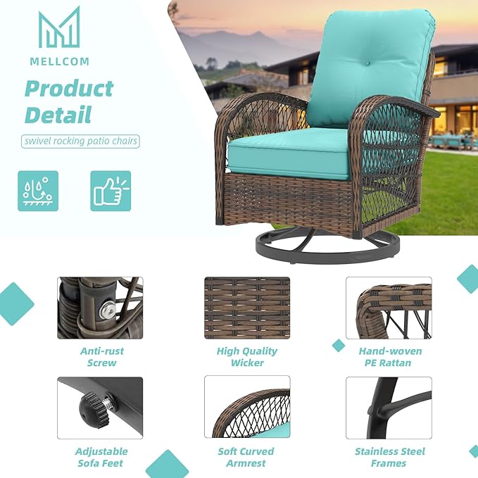 MELLCOM 3 Pieces Patio Furniture Set, Outdoor Swivel Rocker Patio Chairs, Wicker Patio Bistro Set with Rocking Chair, Thickened Cushions and Glass Coffee Table for Backyard, Garden, Blue
