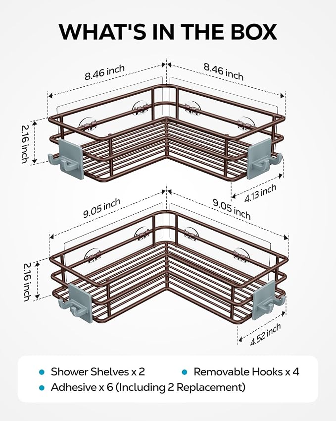 Nieifi Corner Shower Shelves, Adhesive Shower Caddy, Bathroom Organization | Stainless steel, 2 pack, wall mounted, bathroom shelves, shampoo and soap holder, bathtub storage, with hooks, brown