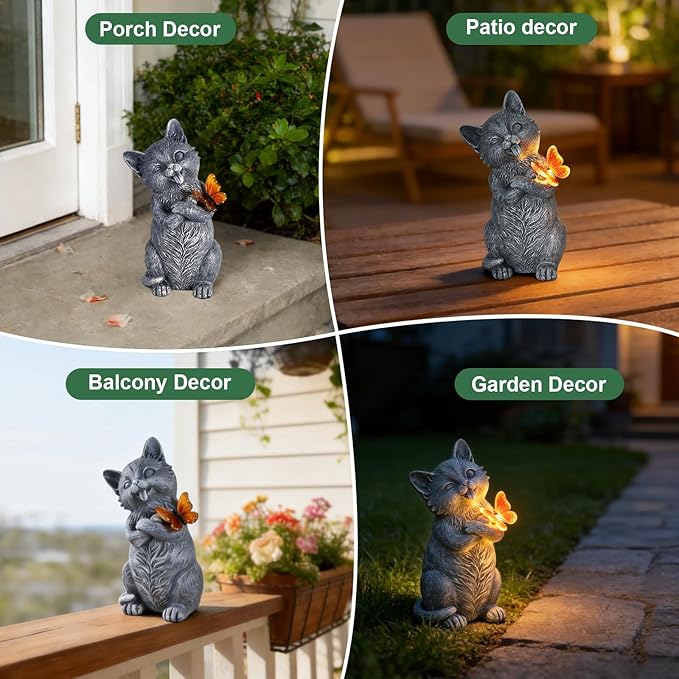 10 Inch Solar Cat Garden Statue with Butterfly LED Light - Unique Gifts for Mom Women Grandma, Sculpture Outdoor Decor for Patio, Porch, Yard, Lawn, Balcony