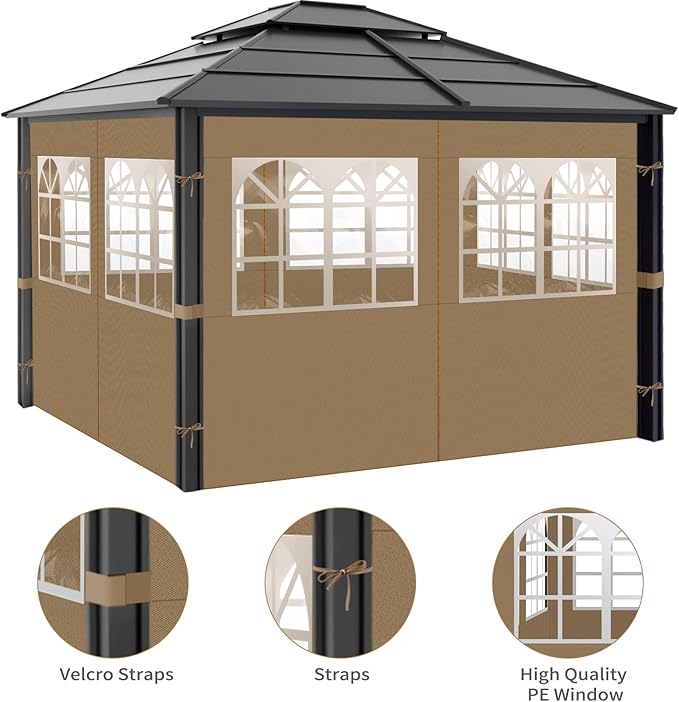 Gazebo Privacy Curtains 10' x 12' with PVC Windows, 4-Panels Side Wall with Zipper Universal Replacement for Patio, Outdoor Canopy, Garden and Backyard
