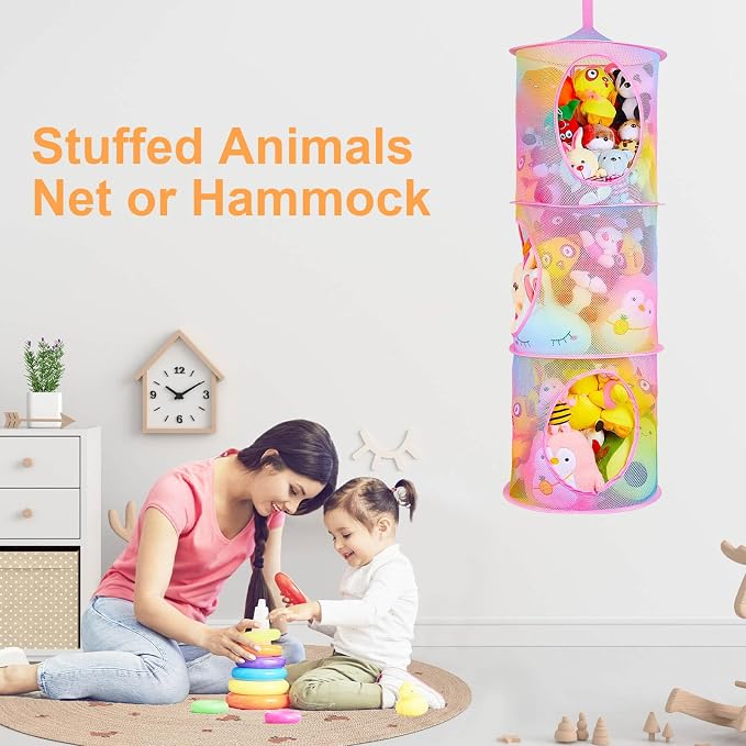 Basumee Hanging Stuffed Animals Storage, 2 Pack Mesh Plush Storage, 3-Tier