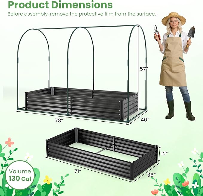 Giantex Galvanized Raised Garden Bed with Greenhouse Cover, 6x3x1 FT Outdoor Metal Oval Tall Planter Box with 2 Roll-up Windows, Clear PVC Mini Greenhouse for Vegetables Flowers Herbs Patio (Black)