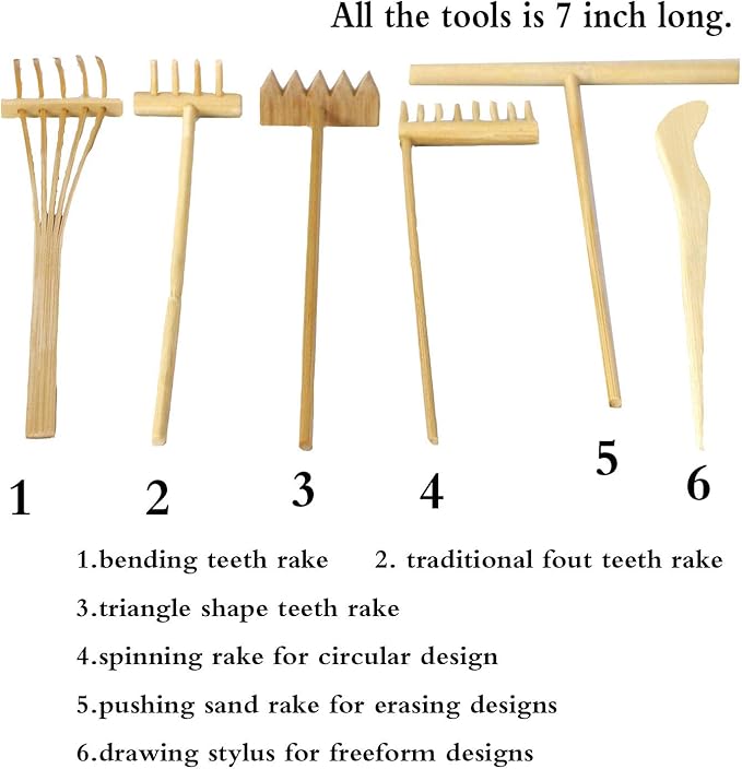 Mini Zen Garden Rake Set 6PCS - Premium Natural Bamboo Sand Rakes with Gift Box - Zen Garden Tools Kit Accessories Japan Zen Gift Stylus for Meditation & Sand Art
